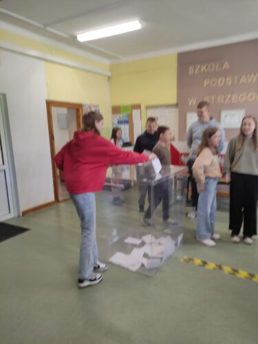 Dominika umieszcza wypełnioną kartę do głosowania w urnie